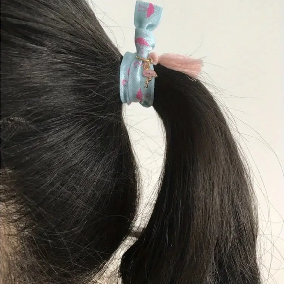 3 Hair Ties Hope Gray Stretch Lace Velvet Ribbon Tassel & Metal Charm. - Picture 3 of 3